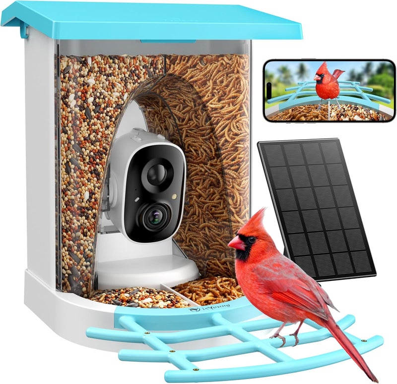 isYoung Smart Bird Feeder with Camera, 2K HD, Dual Granary, AI Identify 16,000+ Birds, Auto-Capture, Motion Detection, 5W Solar, 170° Wide View, Ideal Gift for Birds Lovers, Outdoor Bird Watching. - Image 1